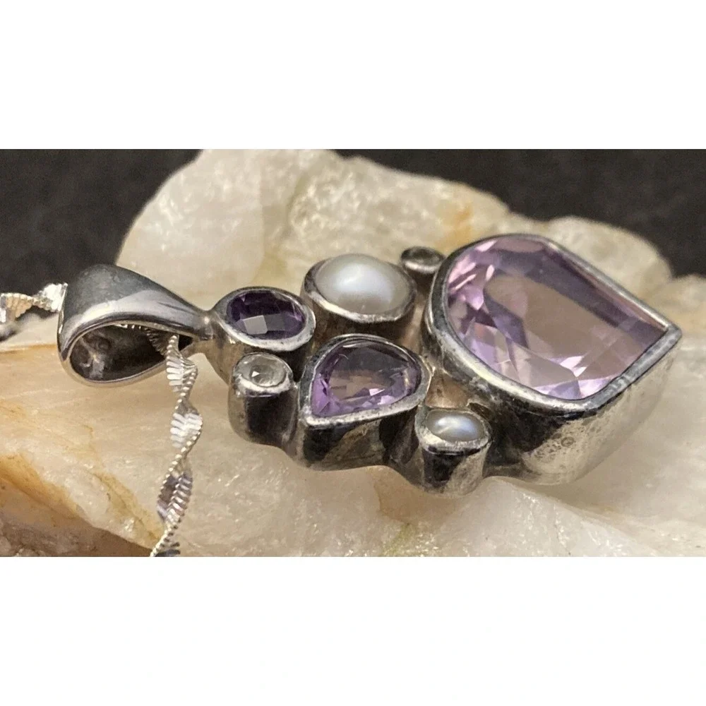 Vintage‎ STARBORN Amethyst Pearl Pendant Sterling Silver 16'' Necklace Abstract